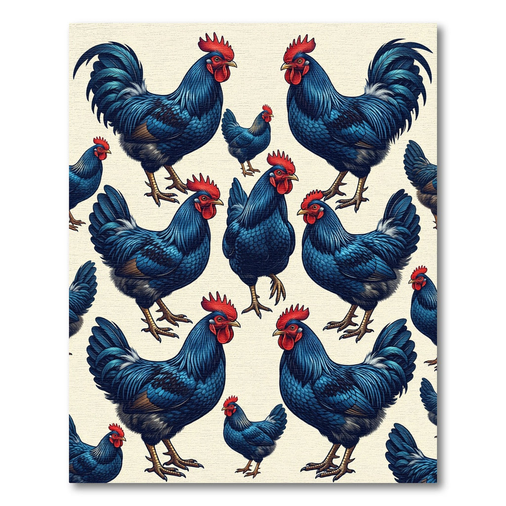 Vibrant Blue Rooster Flock Illustration Rug