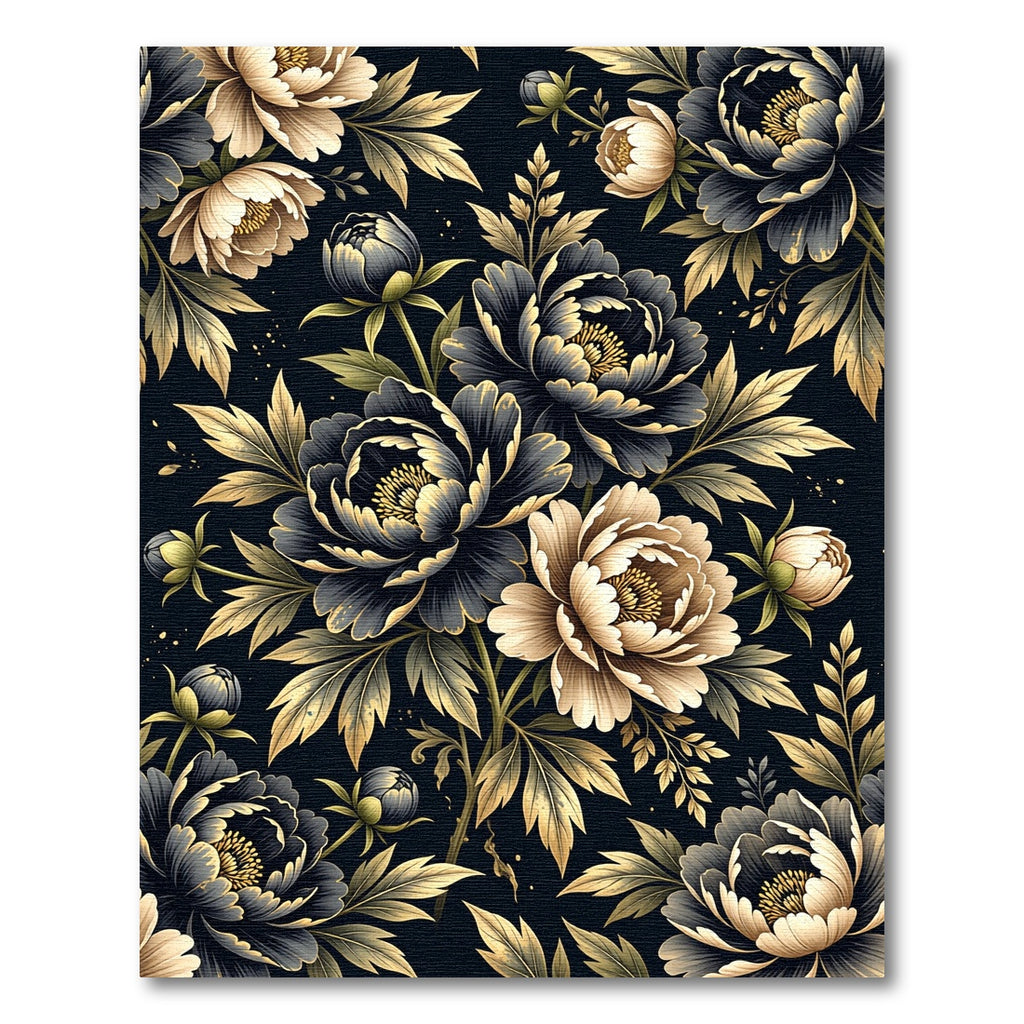 Dark Floral Peony Gold Leaf Rug
