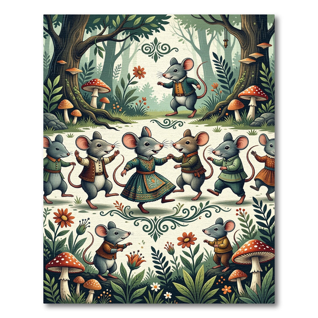 Whimsical Forest Mouse Narrative Folk Scene Rug