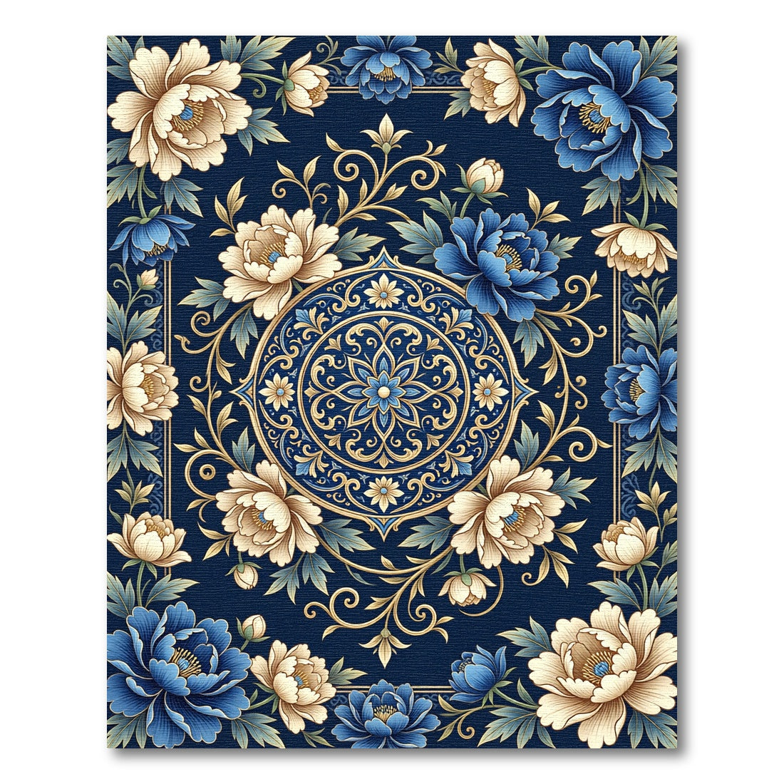 Elegent Navy Blue Floral Medallion Rug
