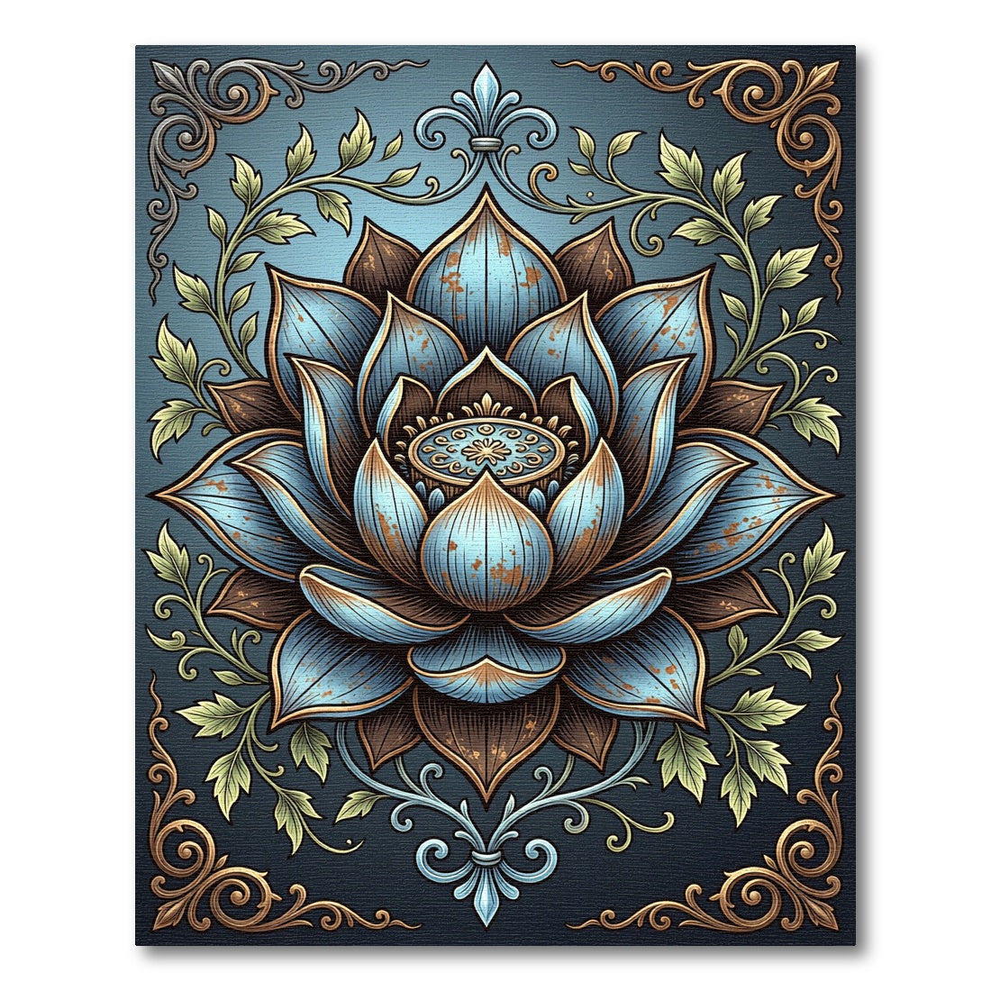 Ornate Blue Lotus Floral Filigree Rug