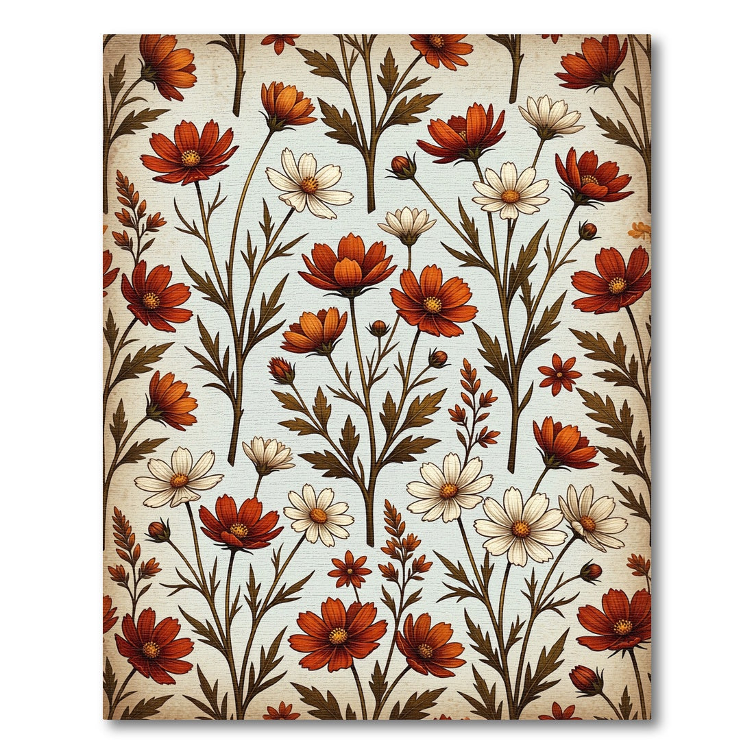Rustic Orange White Floral Stem Rug