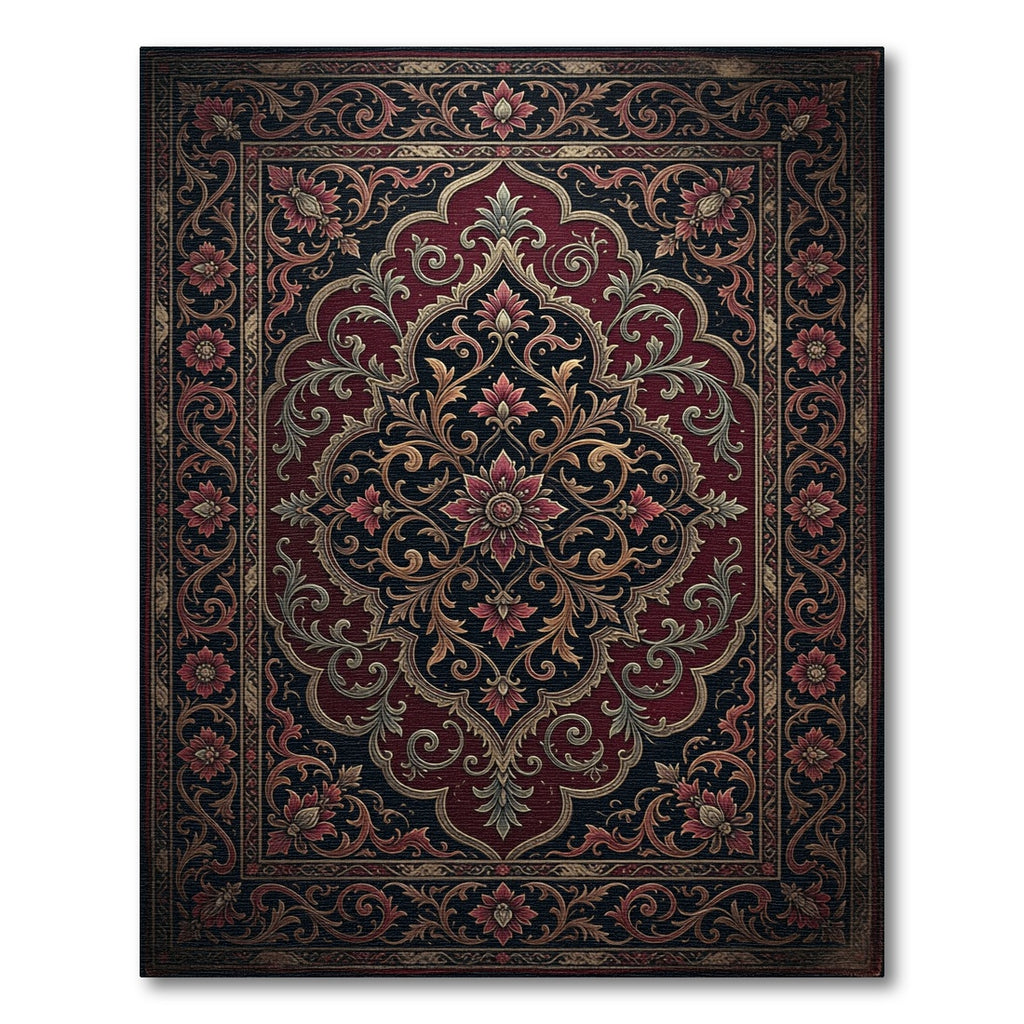 Ornate Crimson Black Floral Medallion Rug