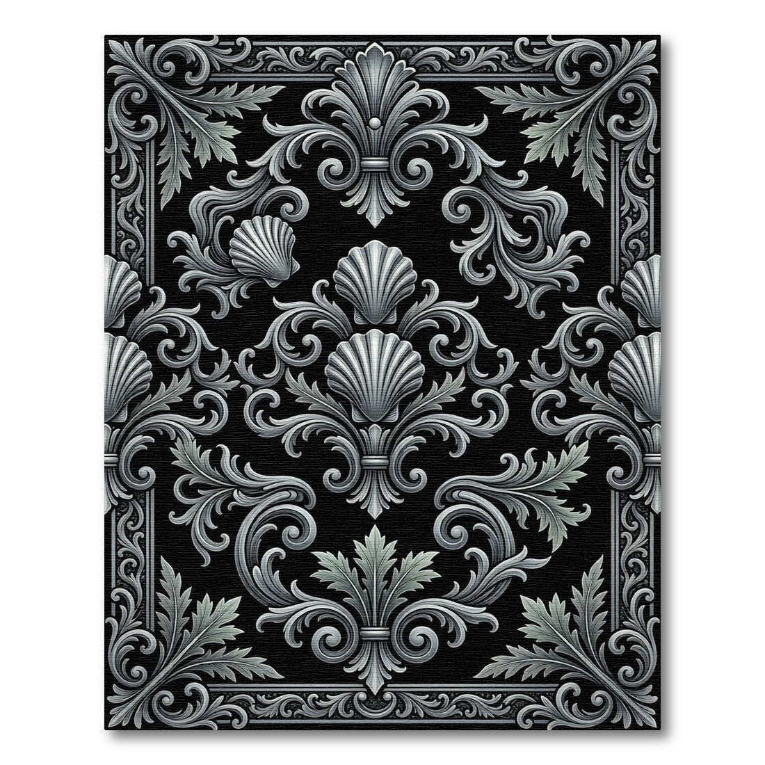 Ornate Gray Shell Leaf Scrollwork Rug