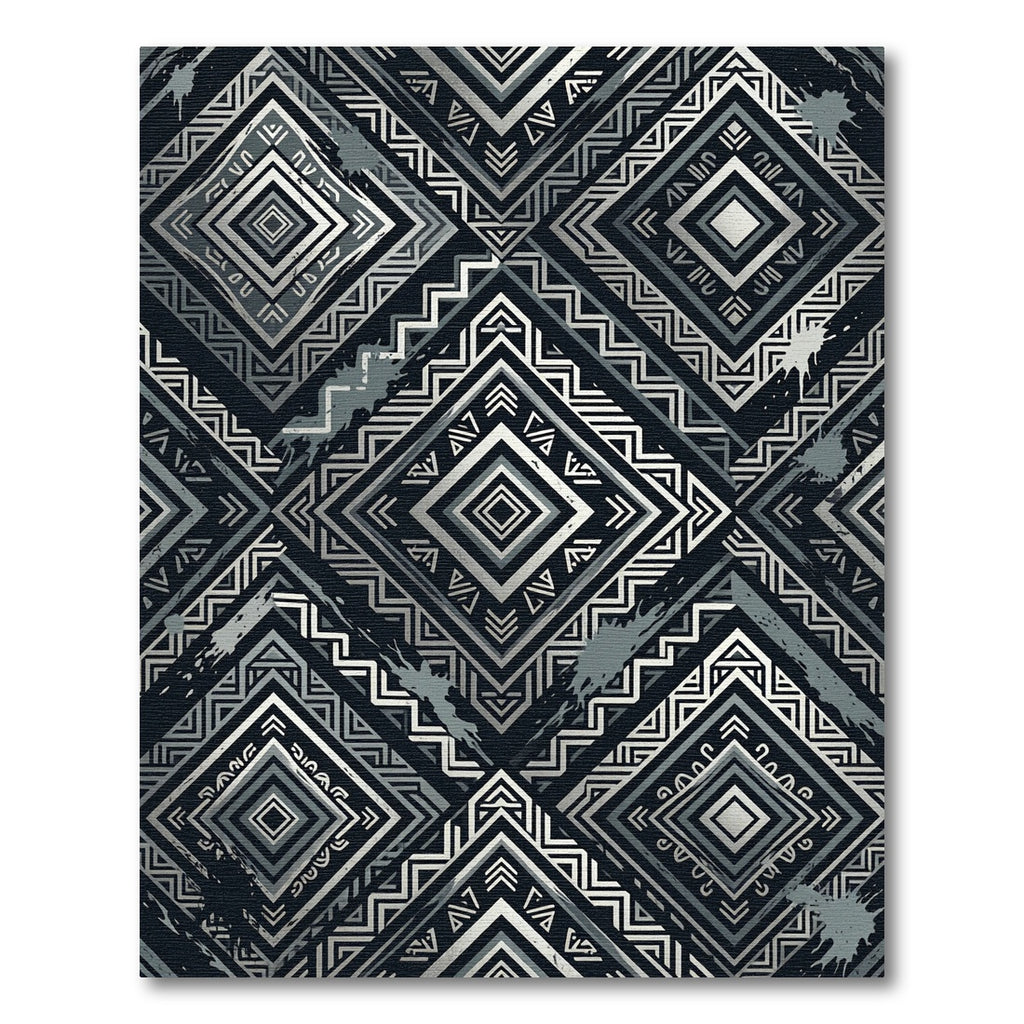 Monochrome Silver Tribal Diamond Geometric Rug