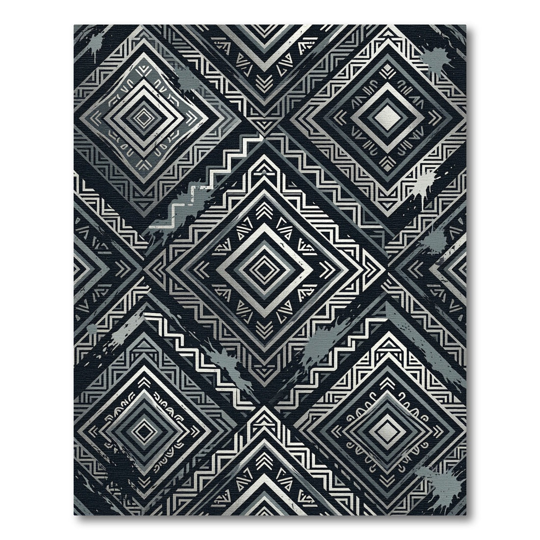 Monochrome Silver Tribal Diamond Geometric Rug