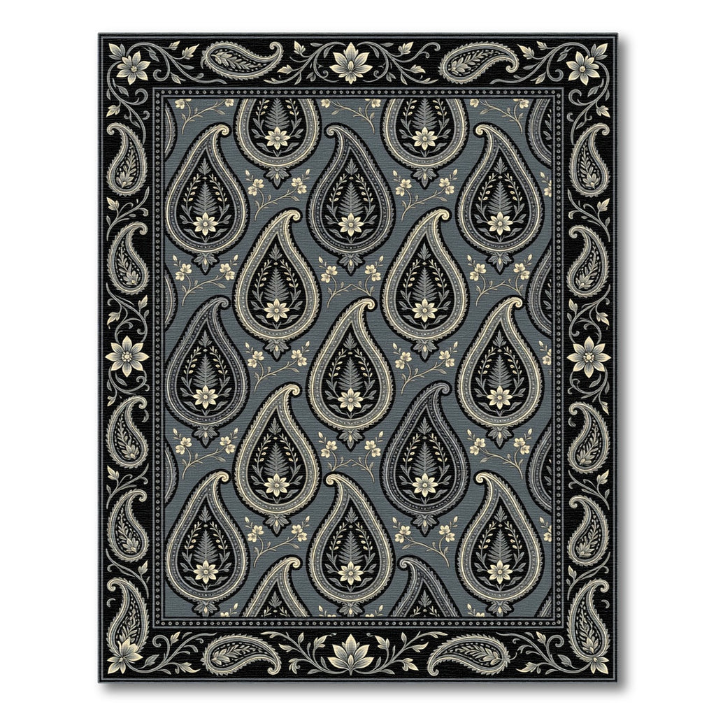 Classic Gray Paisley Floral Border Rug
