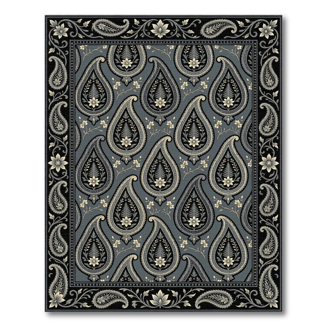 Classic Gray Paisley Floral Border Rug
