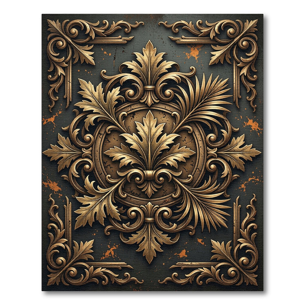 Ornate Golden Filigree Foliage Black Medallion Rug