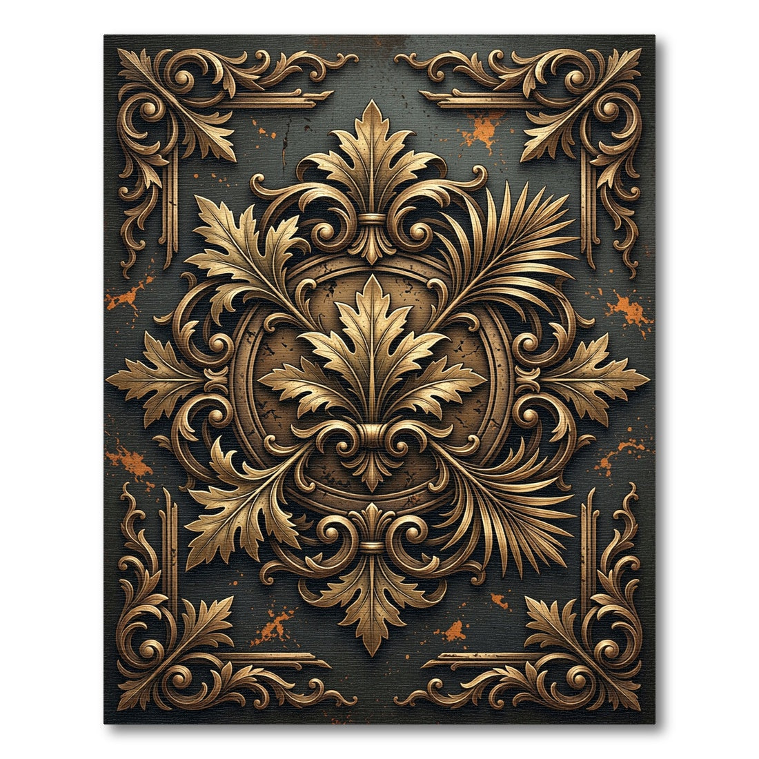 Ornate Golden Filigree Foliage Black Medallion Rug