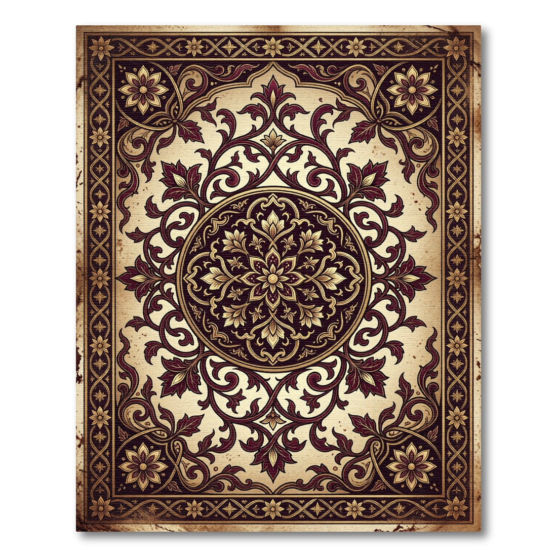 Ornate Deep Burgundy Gold Floral Medallion Rug