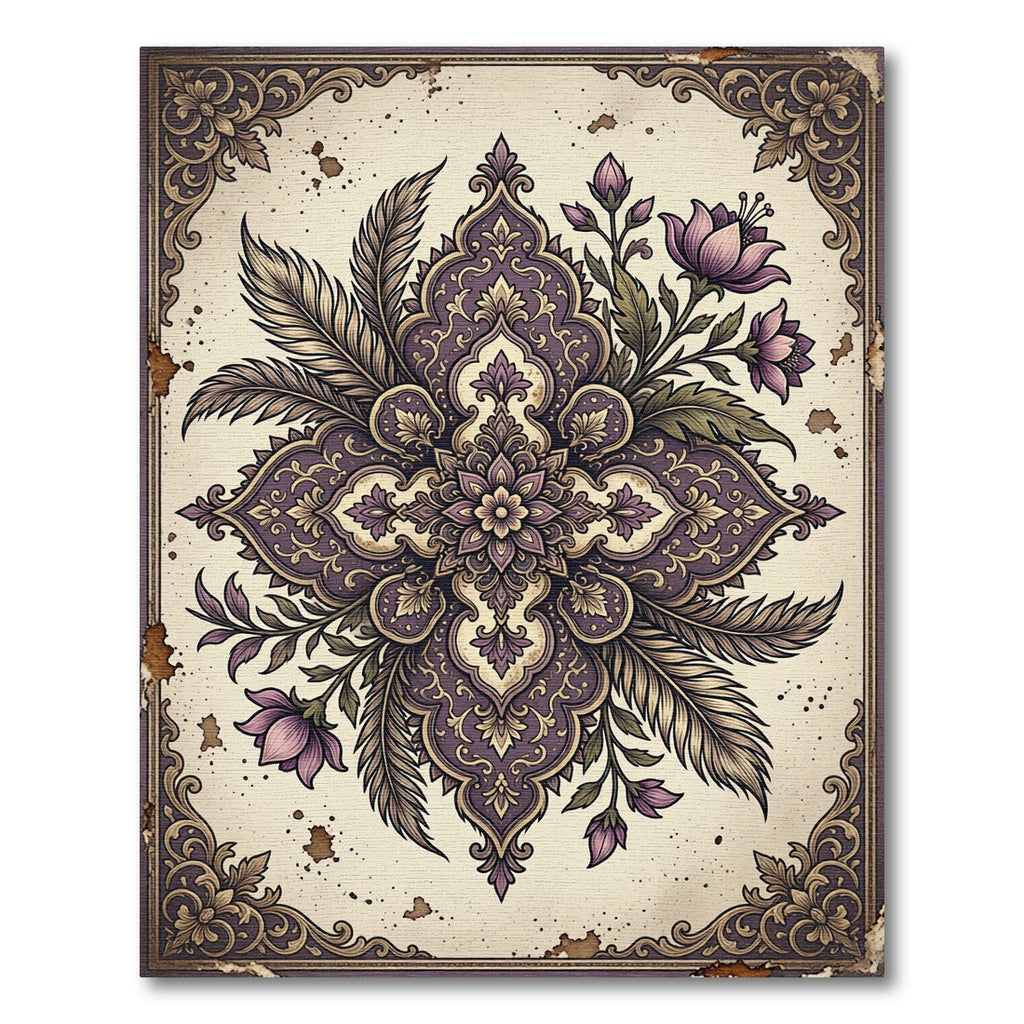 Ethereal Plum Feather Floral Medallion Rug