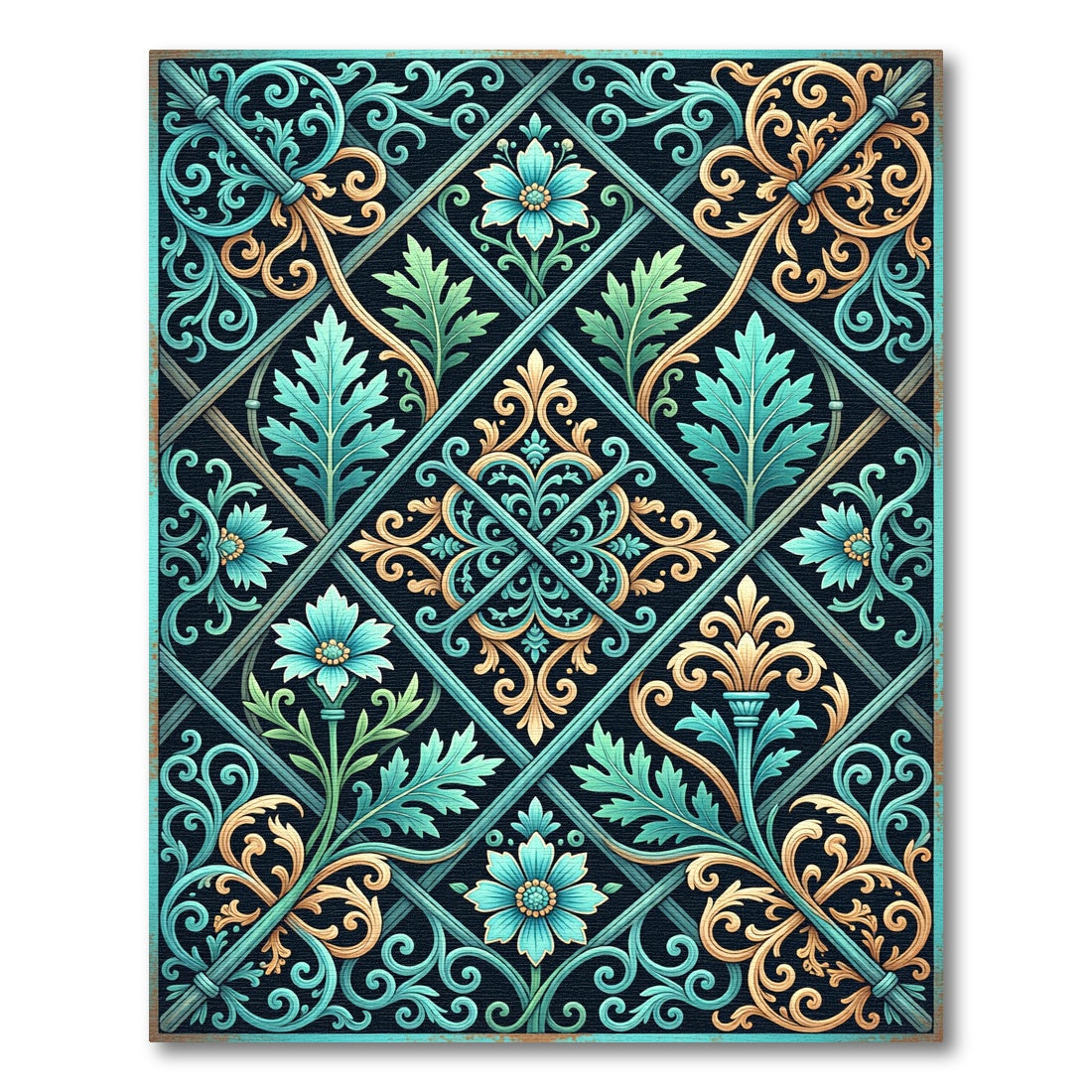 Elegant Teal and Gold Floral Lattice Rug
