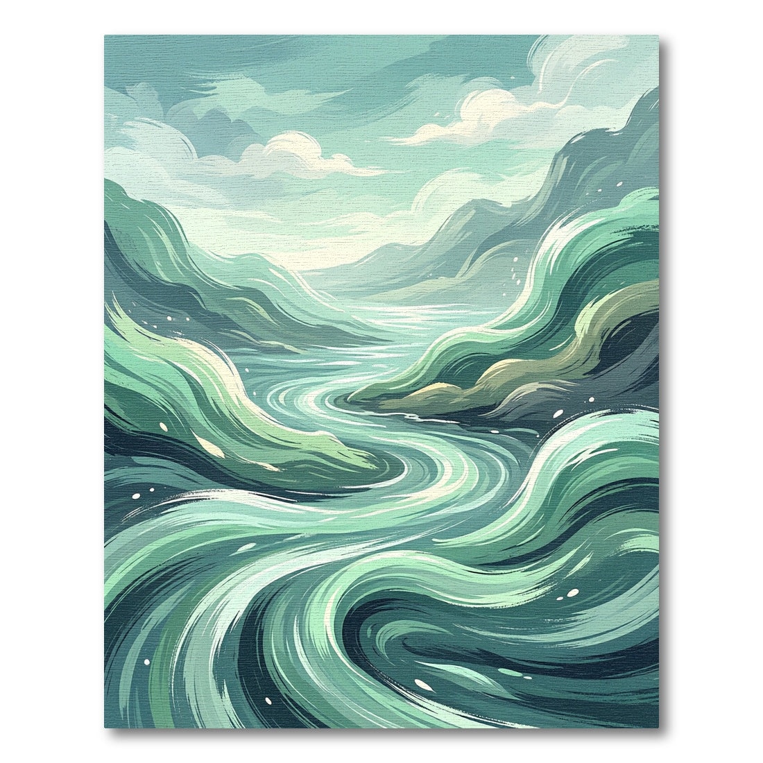 Ethereal Emerald Flowing Mountain River Swirl Rug
