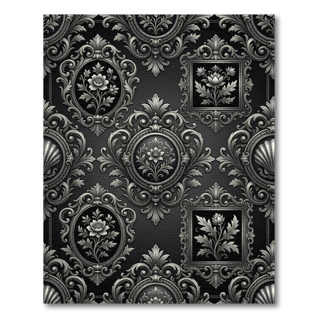 Ornate Black Floral Oval Frame Rug