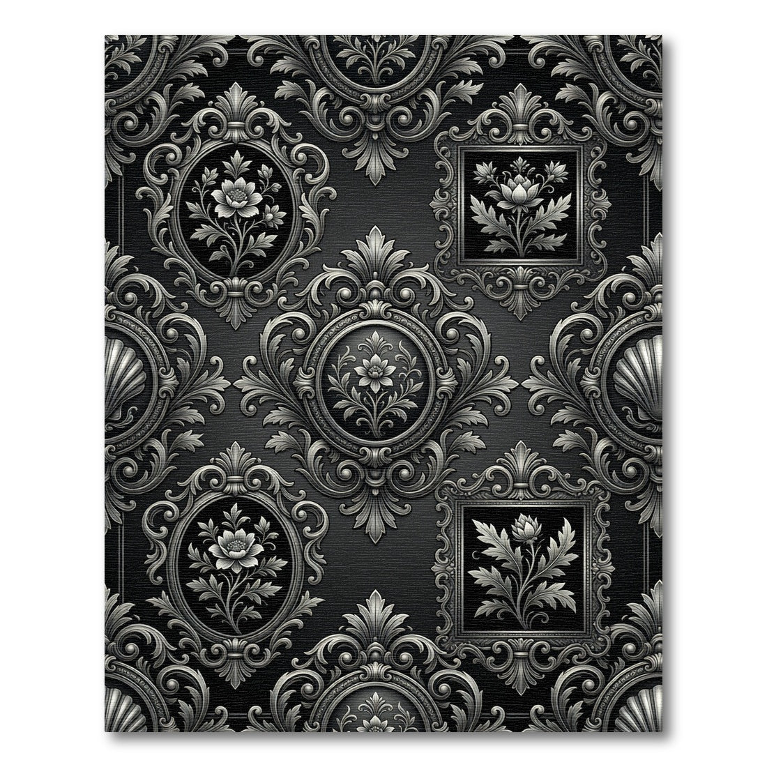 Ornate Black Floral Oval Frame Rug