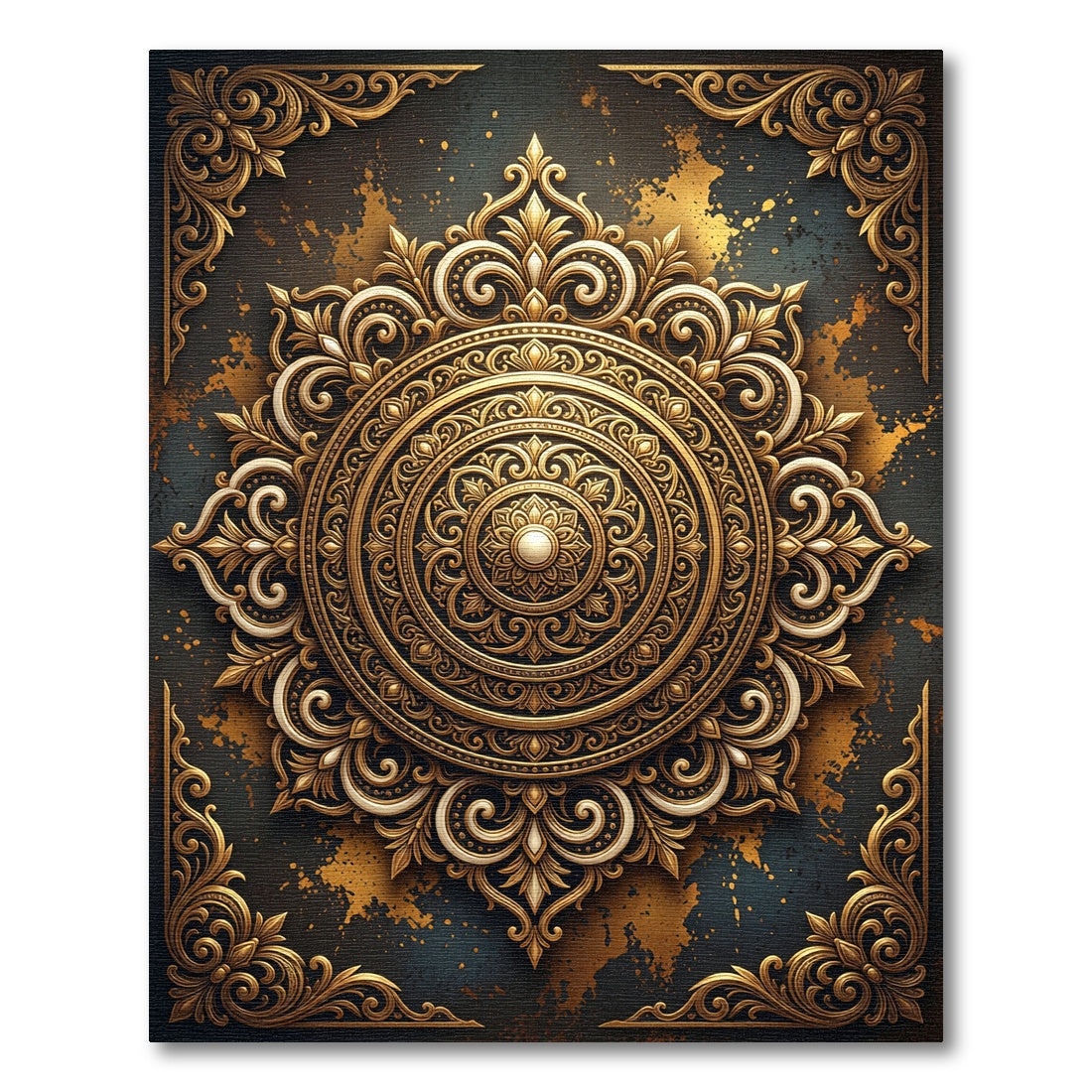 Ornate Golden Filigree Floral Mandala Rug