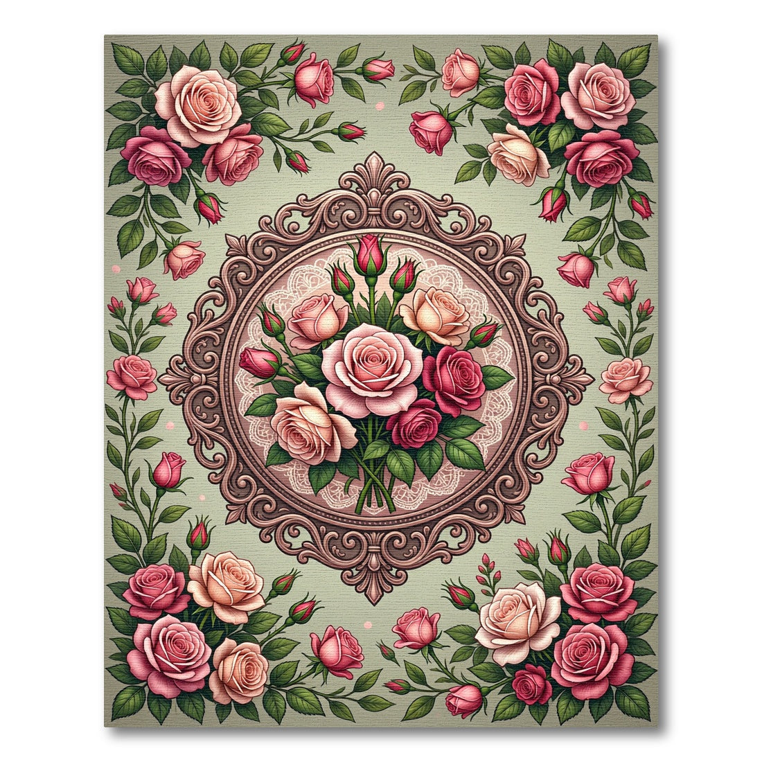 Ornate Pink Rose Garland Medallion Rug