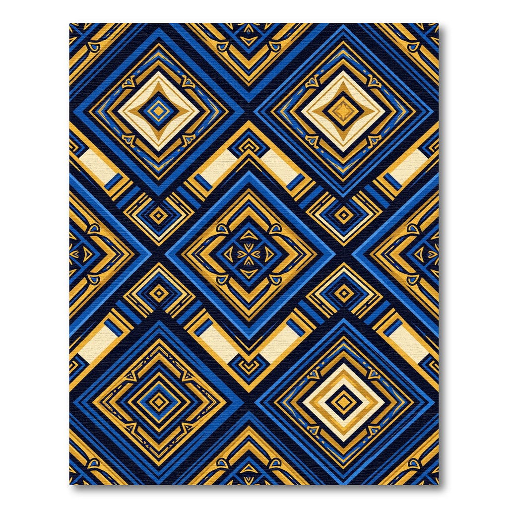 Geometric Gold and Deep Blue Diamond Rug