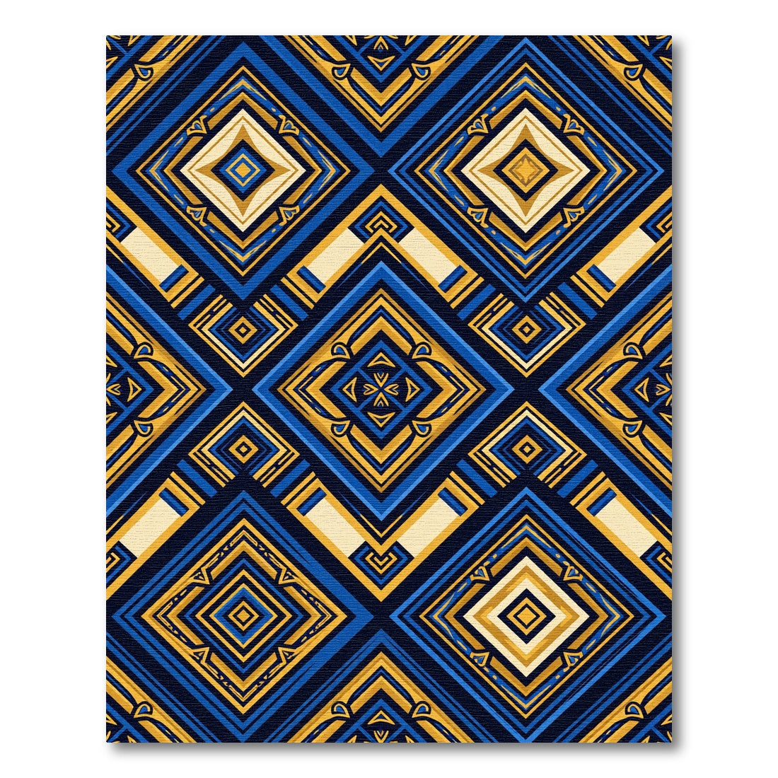 Geometric Gold and Deep Blue Diamond Rug