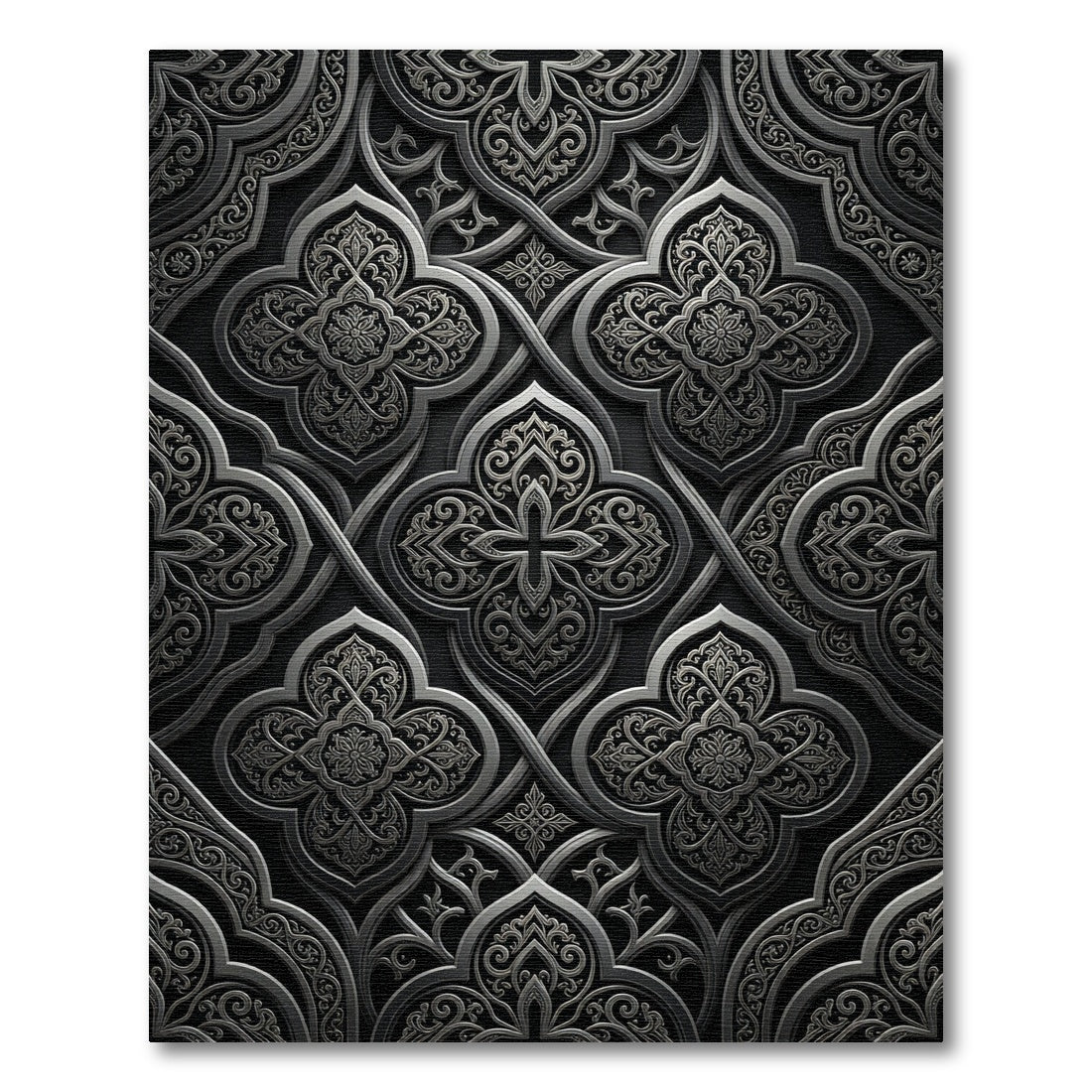 Elegant Dark Silver Ornate Damask Rug