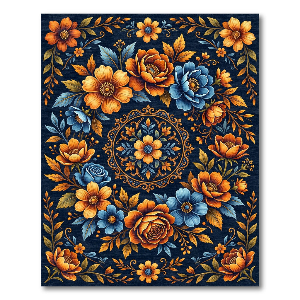 Vibrant Orange Blue Floral Garden Arrangement Rug