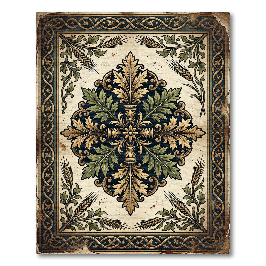 Antique Gold Green Botanical Medallion Rug