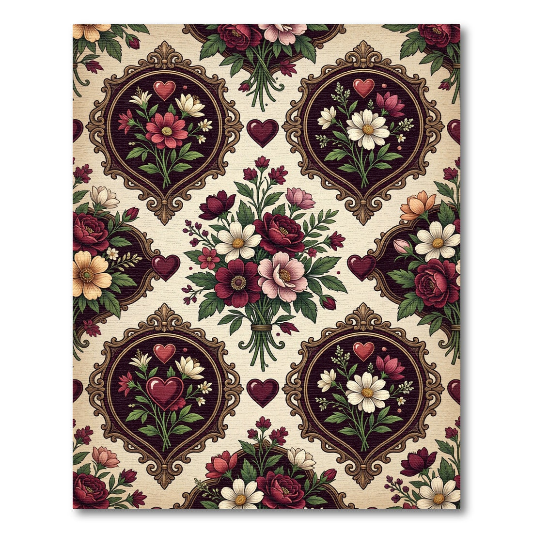 Framed Floral Hearts Vintage Arrangement Rug