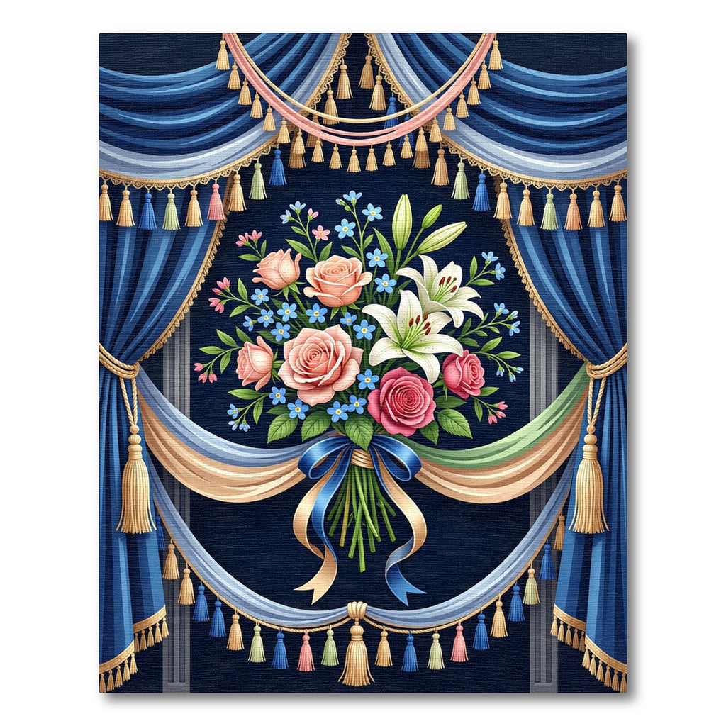 Elegant Navy Floral Bouquet Drapery Border Rug