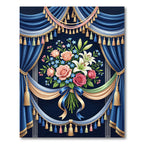 Elegant Navy Floral Bouquet Drapery Border Rug