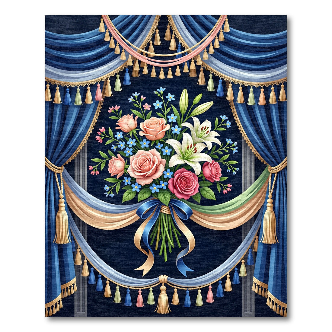 Elegant Navy Floral Bouquet Drapery Border Rug