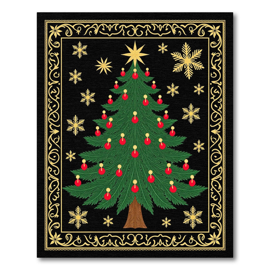 Festive Green Christmas Tree Gold Snowflakes Rug