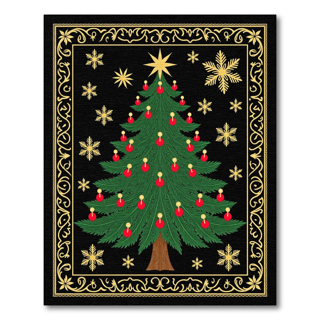 Festive Green Christmas Tree Gold Snowflakes Rug