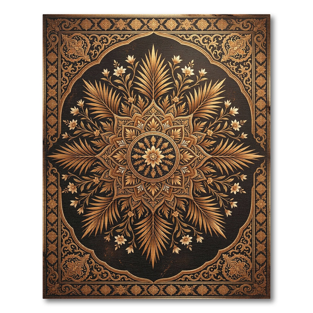 Ornate Gold Floral Mandala Frame Rug