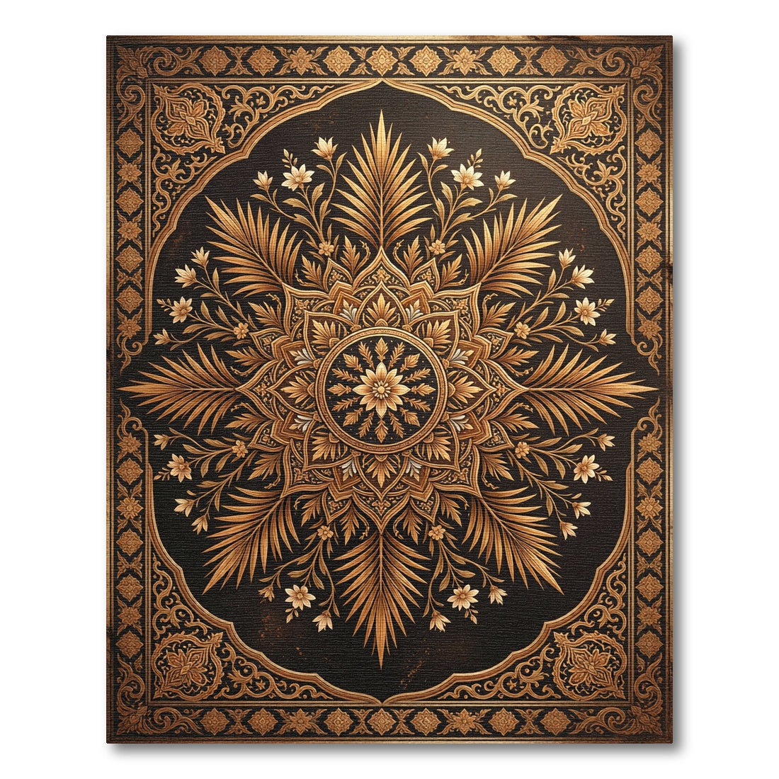 Ornate Gold Floral Mandala Frame Rug