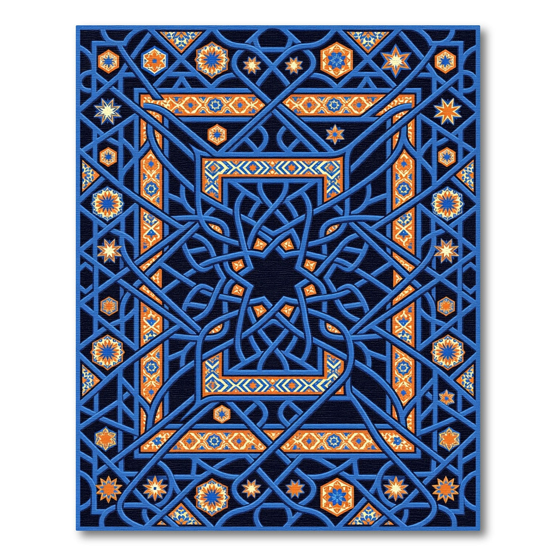 Intricate Navy and Amber Geometric Interlace Rug