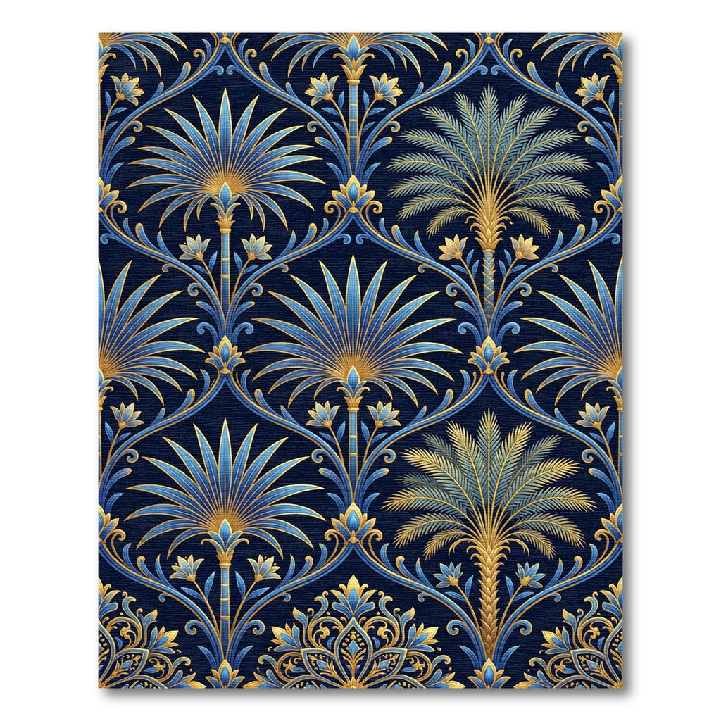 Ornate Gold and Blue Tropical Palm Rug