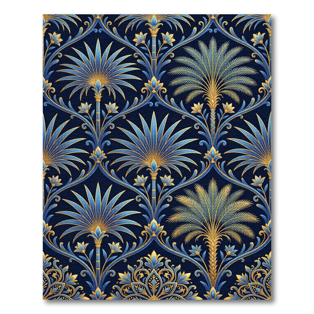 Ornate Gold and Blue Tropical Palm Rug
