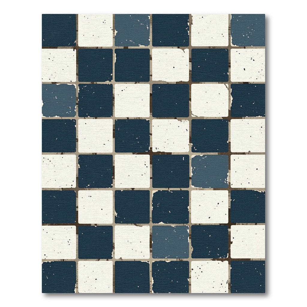 Distressed Navy White Checkerboard Squares Rug