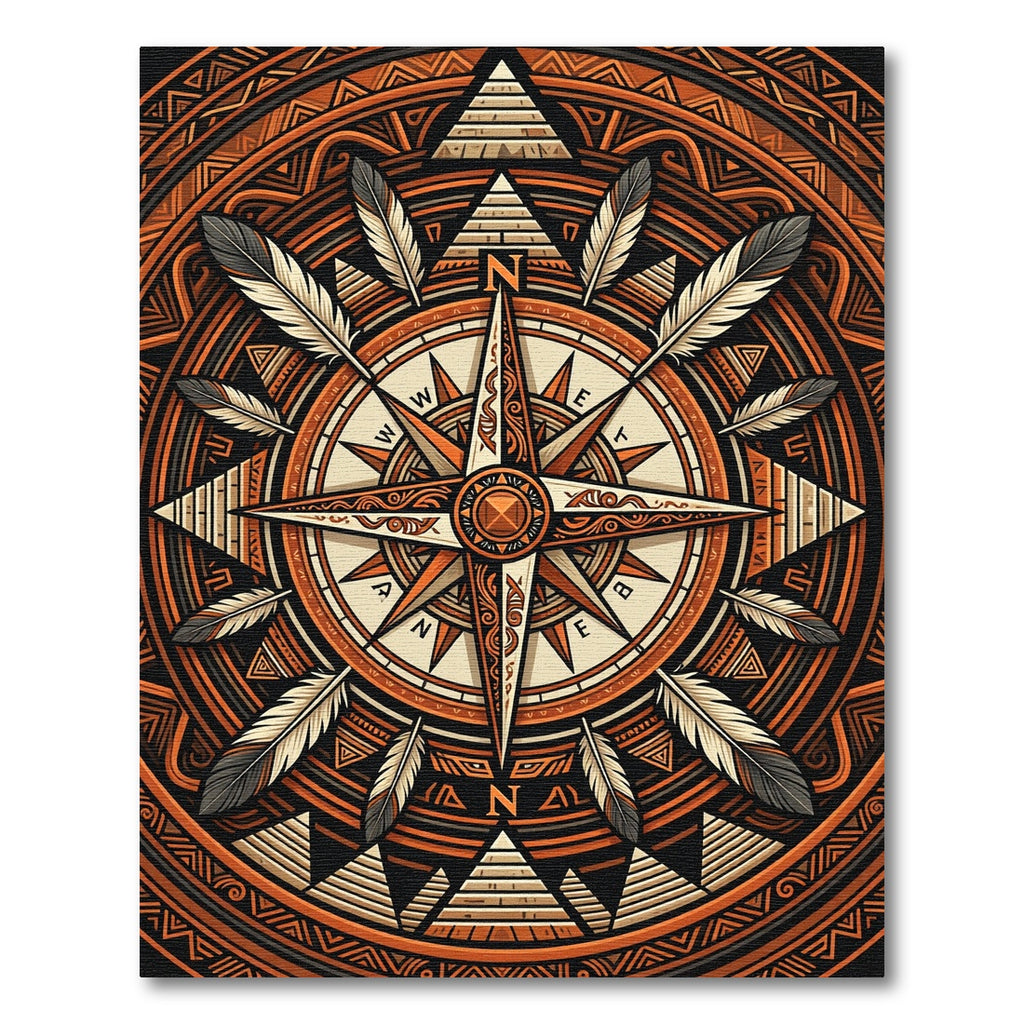 Earthy Amber Geometric Compass Feather Medallion Rug