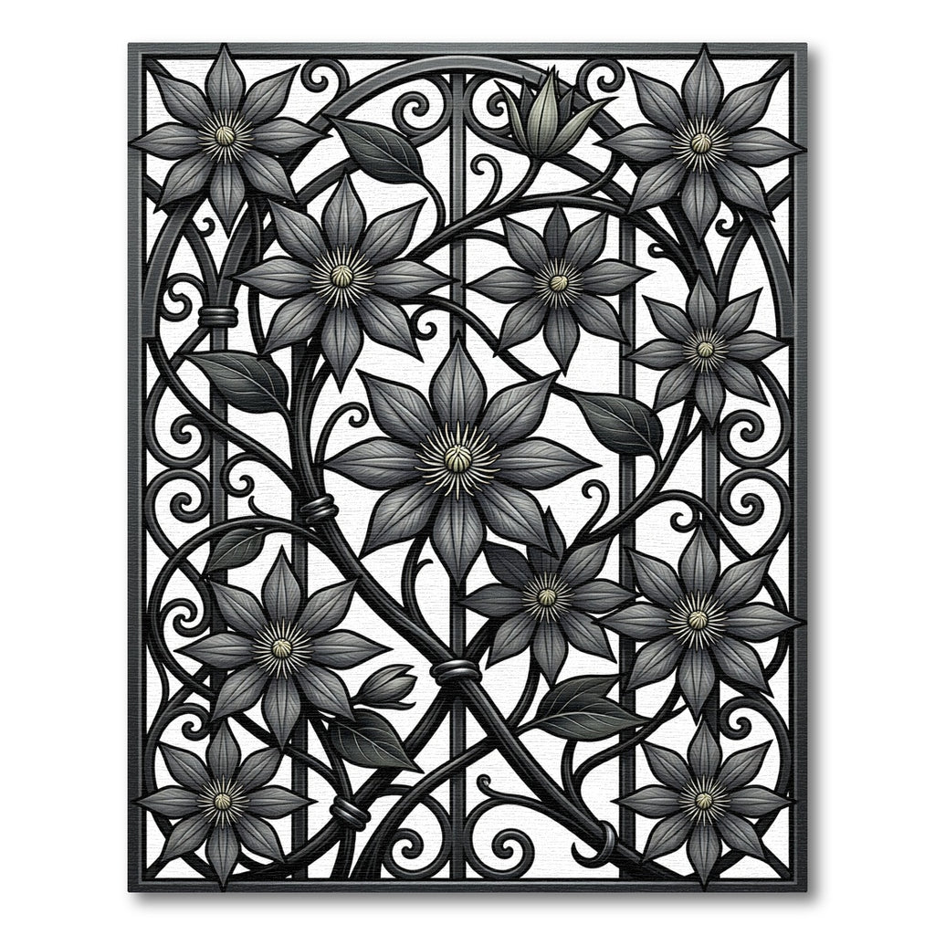Monochrome Clematis Floral Wrought Iron Art Rug