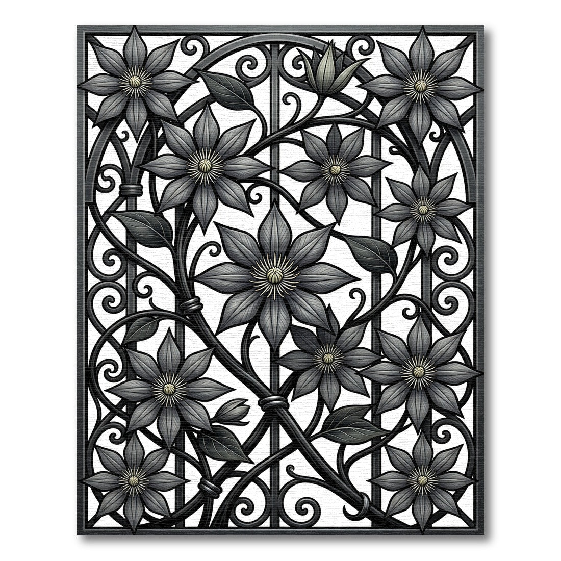 Monochrome Clematis Floral Wrought Iron Art Rug