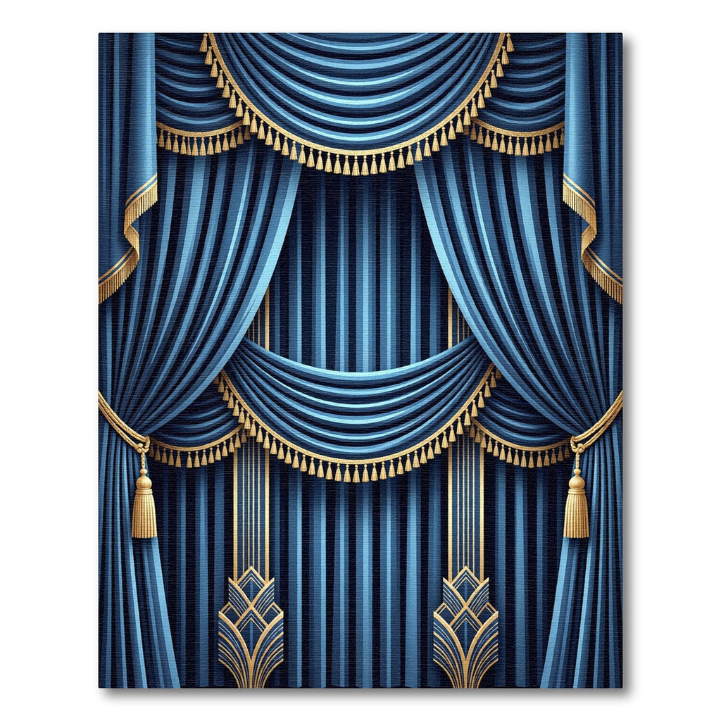 Elegant Gold Trimmed Blue Drapes Rug