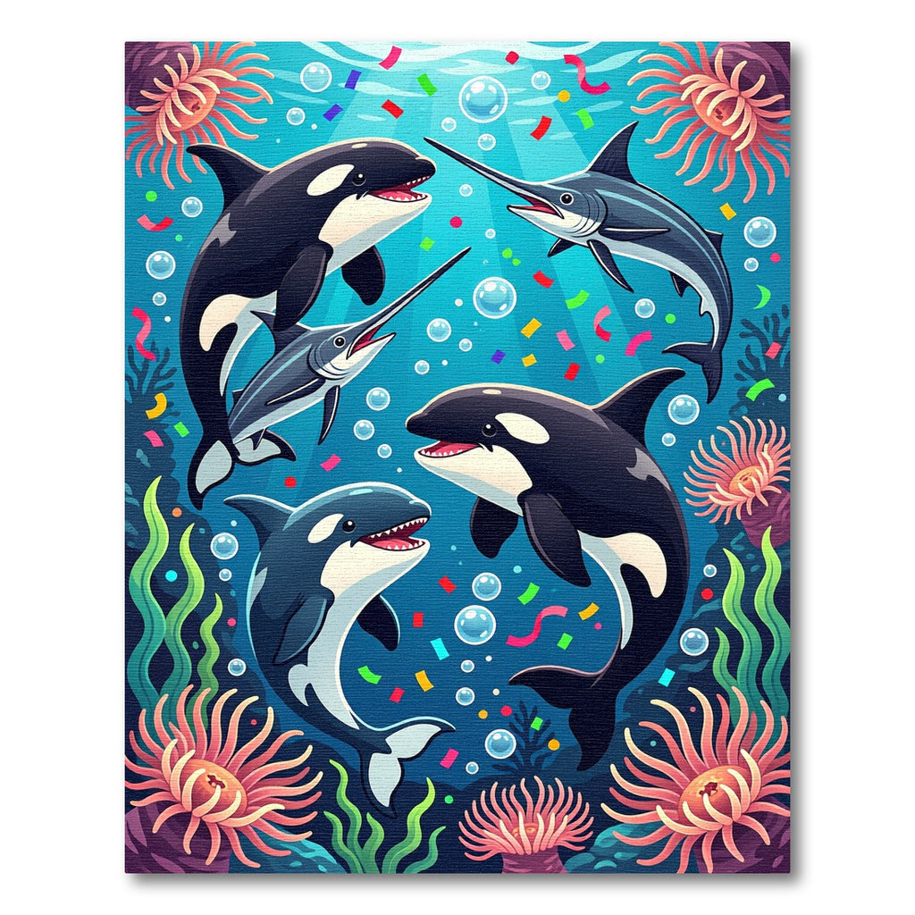 Vibrant Underwater Orca and Swordfish Scene Rug