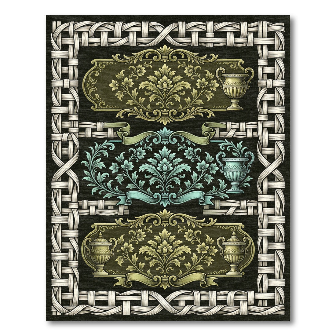 Ornate Rococo Urn Ivory Woven Border Rug