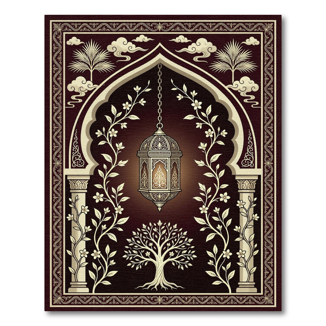 Elegant Dark Arch Floral Lantern Illustration Rug