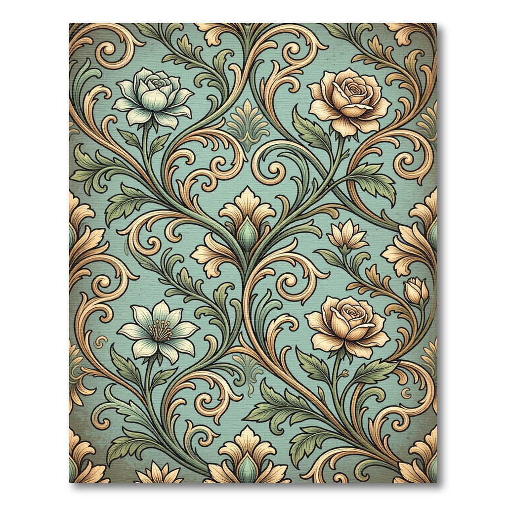 Elegant Sage Rose Damask Scroll Rug