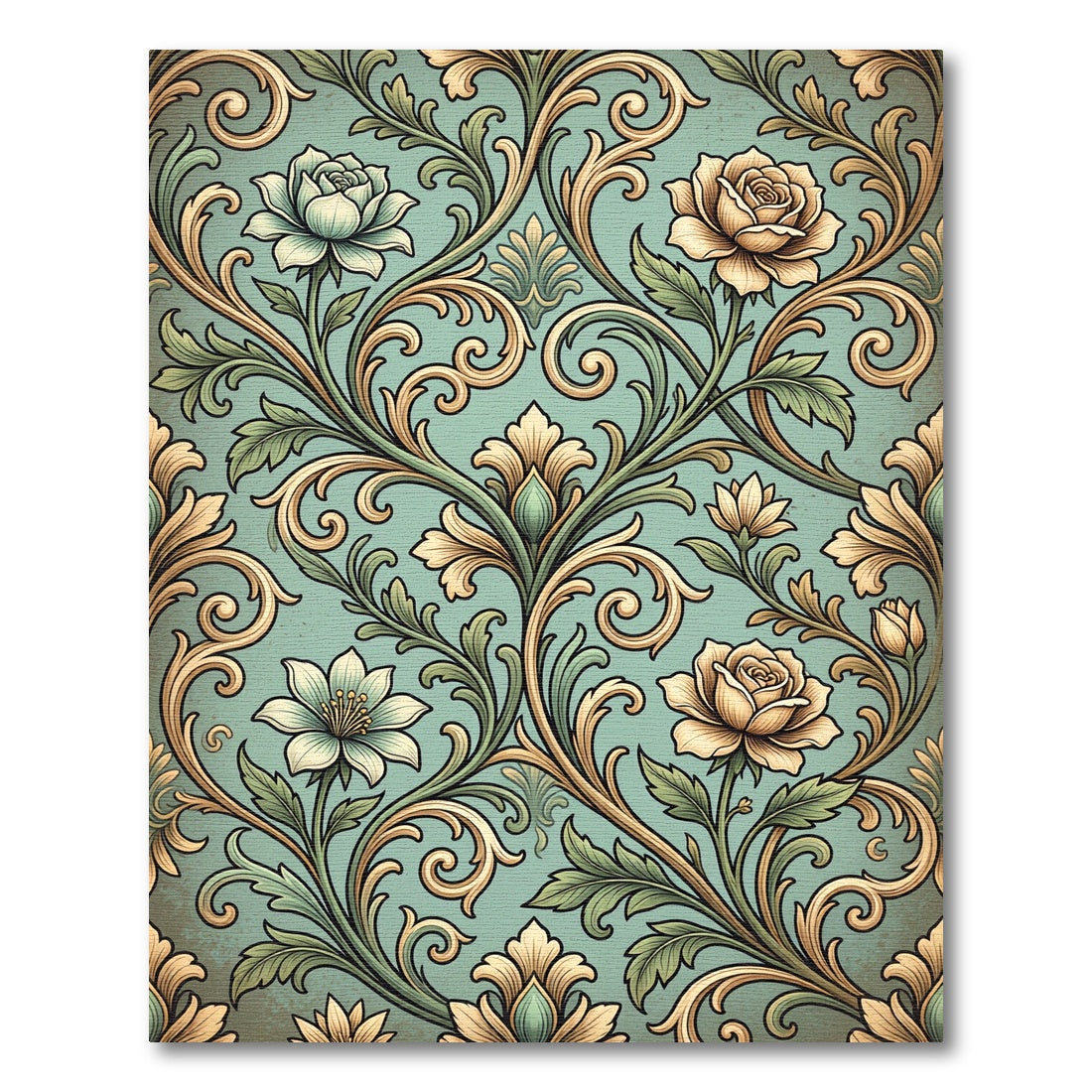 Elegant Sage Rose Damask Scroll Rug