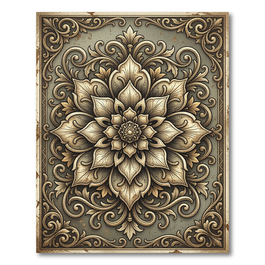 Vintage Ornate Golden Floral Damask Rug