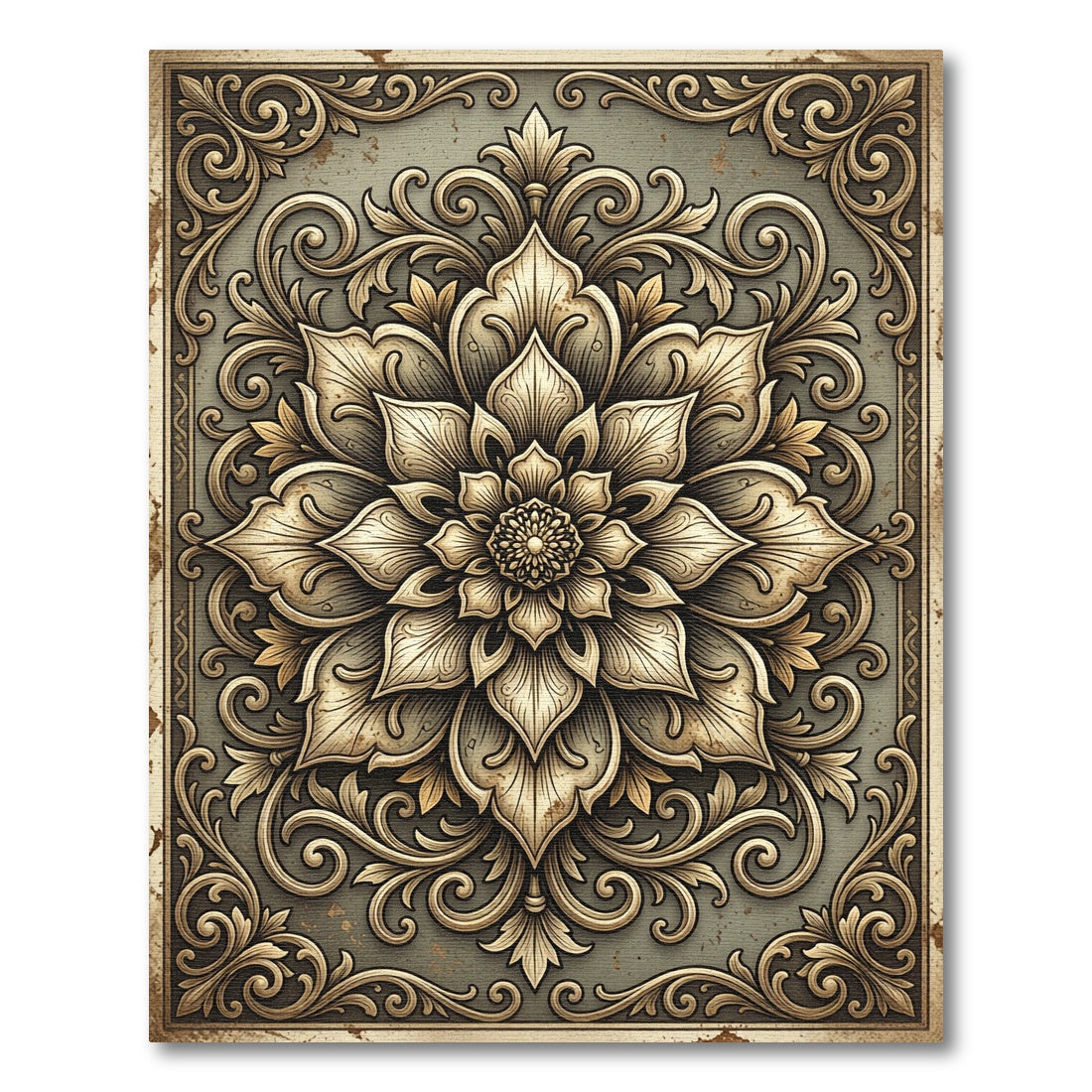 Vintage Ornate Golden Floral Damask Rug